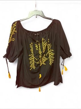 Boohoo Black Off-Shoulder Top with Yellow Artisanal Embroidery